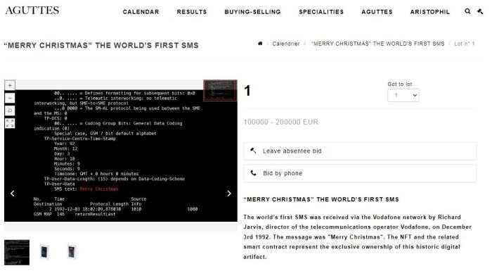 法國(guó)阿古特拍賣行網(wǎng)站上，世界第一條短信的拍賣信息。圖片來(lái)源：阿古特拍賣行網(wǎng)站截圖