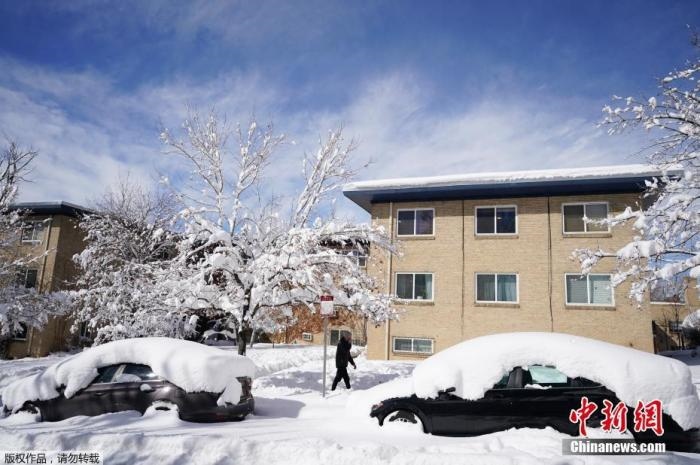 資料圖：當?shù)貢r間2021年3月15日，美國科羅拉多州丹佛，當?shù)赜瓉韽姳╋L雪天氣，城市被積雪覆蓋。