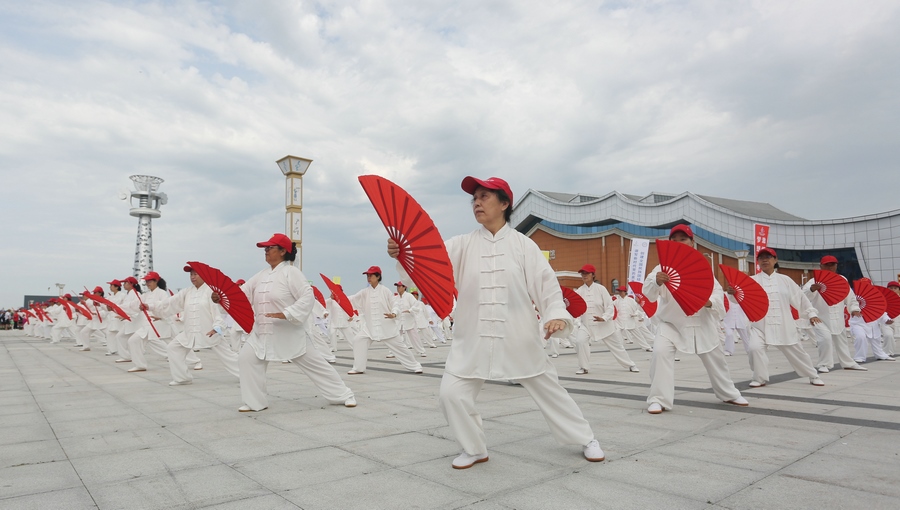 十四冬倒計時200天全面健身系列活動啟動儀式上的太極扇表演。（李峰 攝）.JPG