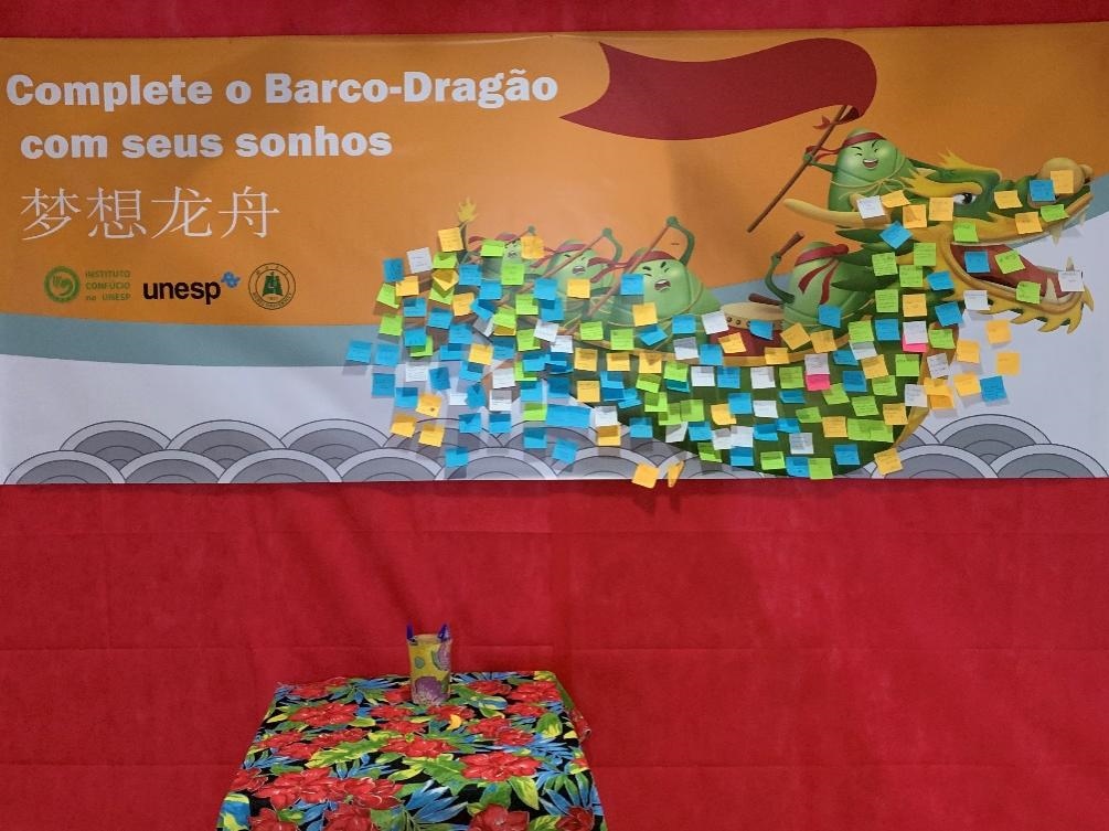 活動現(xiàn)場設(shè)置了“夢想龍舟”環(huán)節(jié)，大家將自己寫下的心愿貼在“龍舟”上，期盼“龍舟”承載自己的夢想駛向更美好的未來。（圣保羅州立大學(xué)孔子學(xué)院供圖）