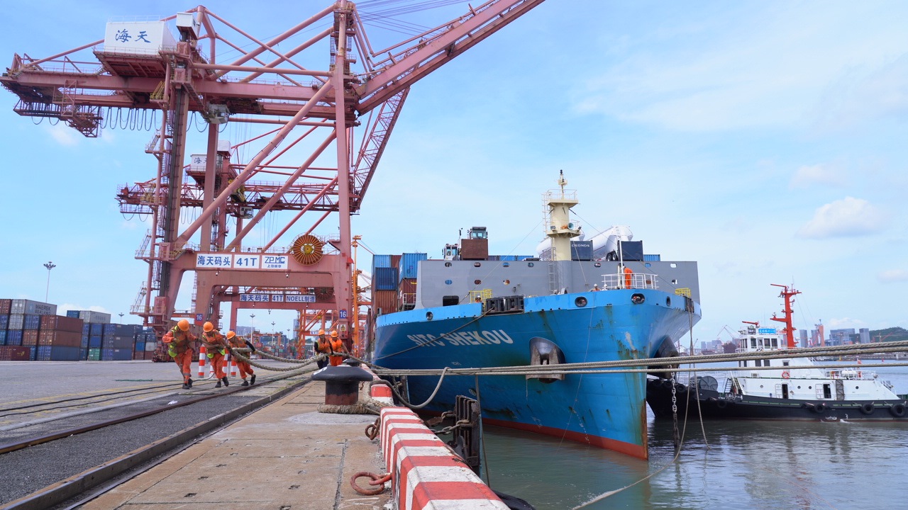 7月22日上午，“絲路海運”電商快線“海豐蛇口”輪?？繌B門海天碼頭12號泊位裝卸集裝箱貨物。人民網(wǎng)記者 蘭志飛攝