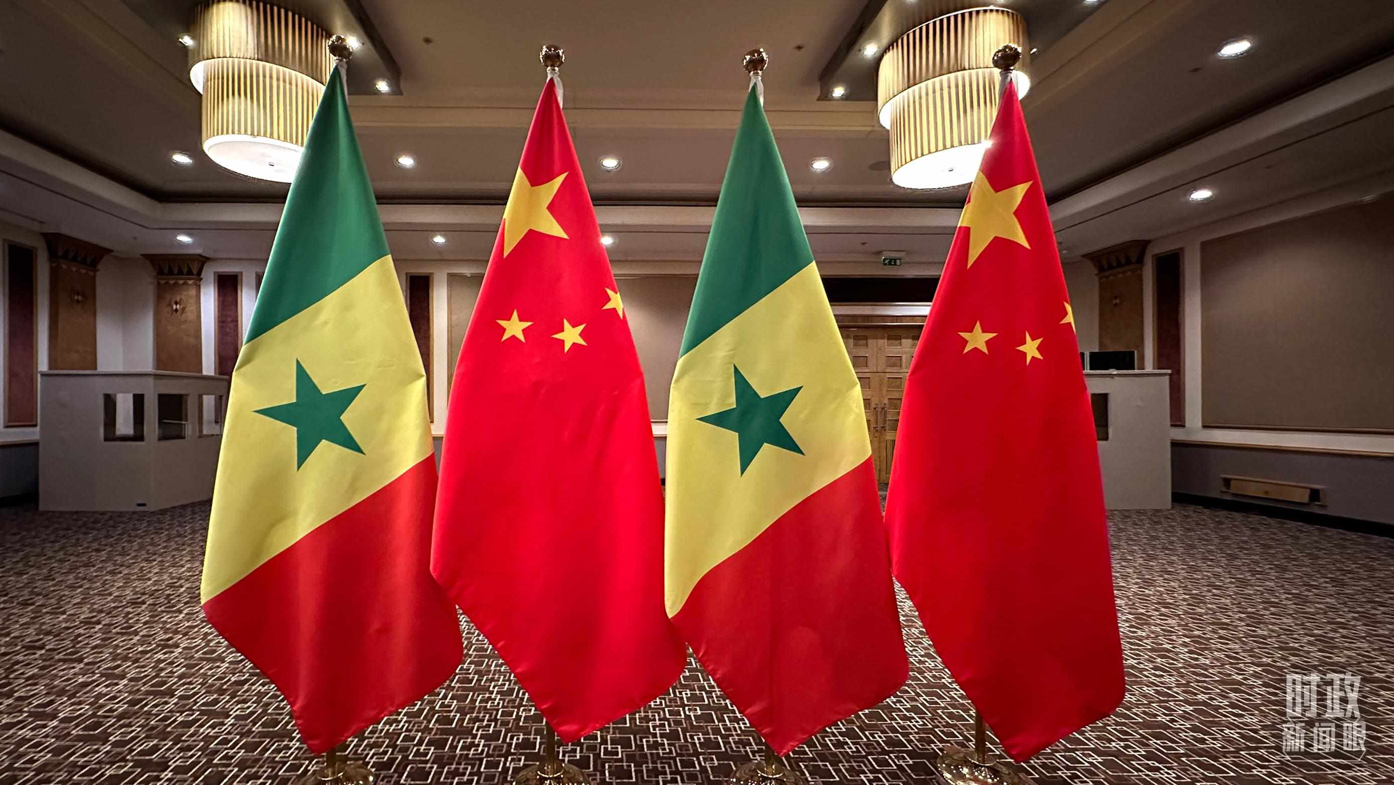 △會見現(xiàn)場的中塞兩國國旗。（總臺央視記者盧心雨拍攝）