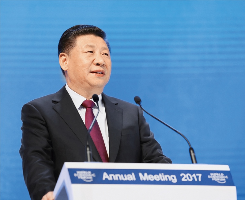 2017年1月17日，習(xí)近平主席在瑞士達沃斯國際會議中心出席世界經(jīng)濟論壇2017年年會開幕式，并發(fā)表題為《共擔(dān)時代責(zé)任 共促全球發(fā)展》的主旨演講。