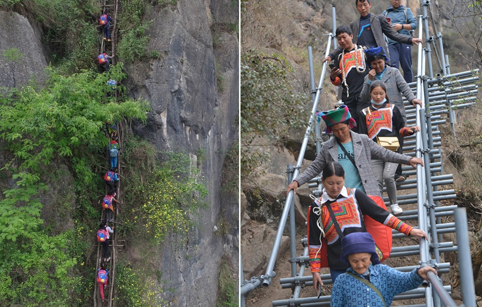 “懸崖村”今昔對(duì)比：左圖為2016年5月14日，“懸崖村”的孩子們攀爬木梯回家。右圖為2020年5月13日，“懸崖村”村民帶著行李通過(guò)鋼梯下山，搬遷至易地扶貧集中安置點(diǎn)的新家。
