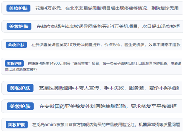 “人民投訴”用戶(hù)舉報(bào)醫(yī)美未達(dá)預(yù)期效果或?qū)е律眢w損傷退款遭拒、機(jī)構(gòu)及服務(wù)人員虛假資質(zhì)、被誘導(dǎo)高額醫(yī)美貸、網(wǎng)購(gòu)美容儀器質(zhì)量不過(guò)關(guān)等問(wèn)題。（“人民投訴”平臺(tái)截圖）