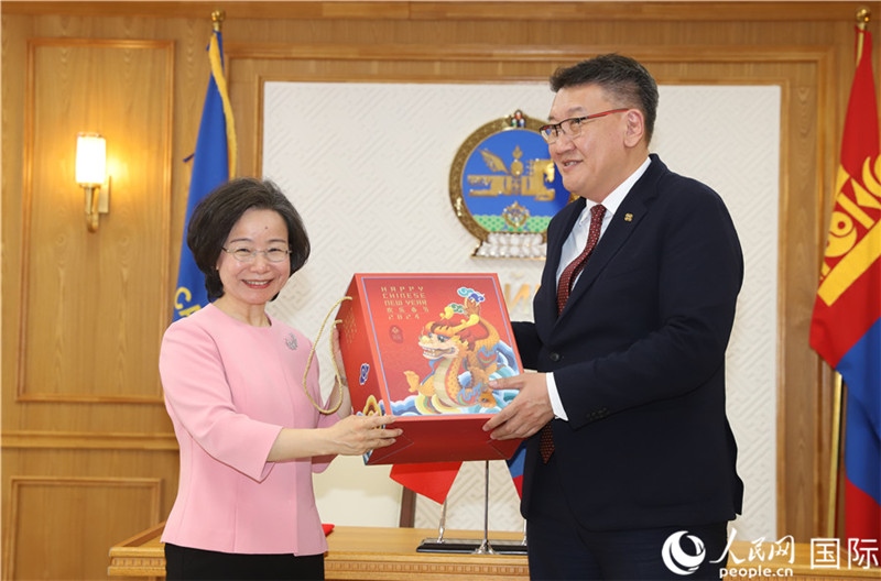 沈大使向扎布赫楞部長贈送吉祥龍。人民網記者 霍文攝