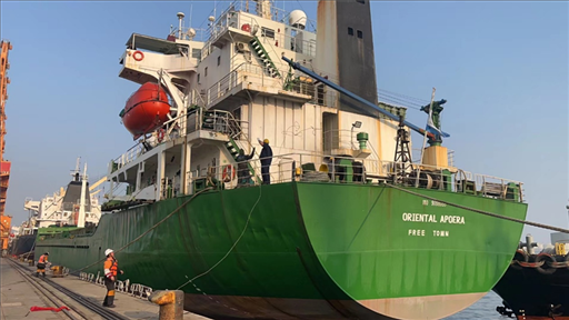 中蘇海運(yùn)直航貨輪靠泊蘇里南碼頭。中國駐蘇里南大使館供圖