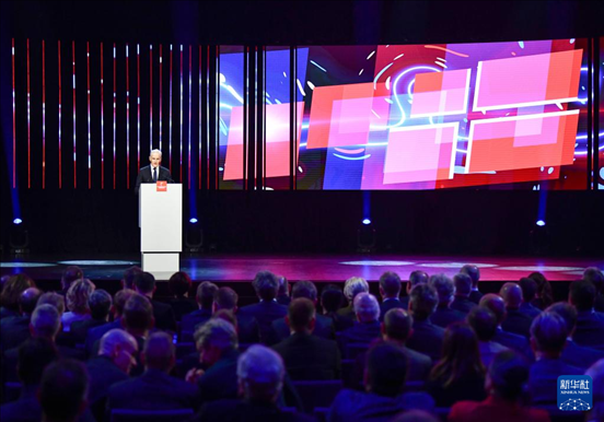 4月21日，挪威首相斯特勒在德國漢諾威工業(yè)博覽會(huì)開幕式上致辭。挪威是今年展會(huì)主賓國。新華社記者 任鵬飛 攝