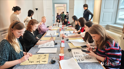 瑞典書法愛(ài)好者專心學(xué)習(xí)書法。人民網(wǎng)記者 殷淼攝