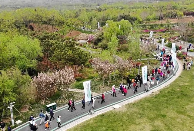 4月27日，登山愛好者在浮山森林公園參加登山健身活動（無人機照片）。新華社記者 李紫恒攝