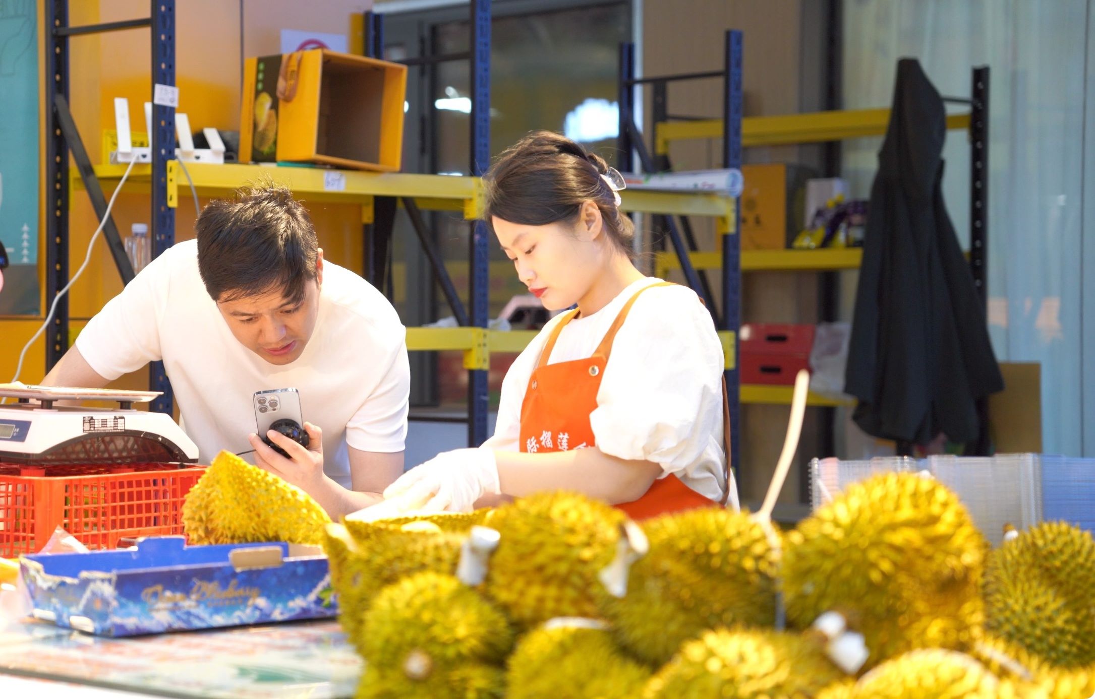 榴蓮商家正在通過手機(jī)直播銷售榴蓮。人民網(wǎng)記者申佳平 攝