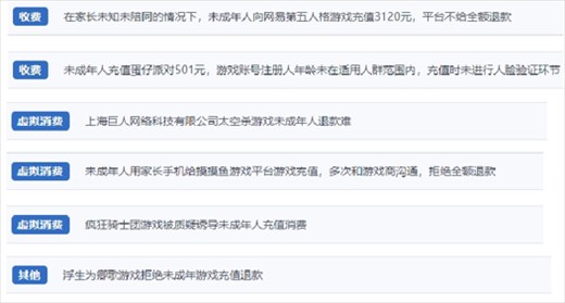 網(wǎng)友涉及“熊孩子”氪金相關(guān)投訴問題。（“人民投訴”用戶投訴截圖）