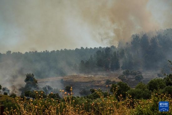  6月12日，以色列北部加利利地區(qū)遭受火箭彈襲擊后冒出滾滾濃煙。新華社發(fā)（阿亞爾·馬戈林?jǐn)z/基尼圖片社）