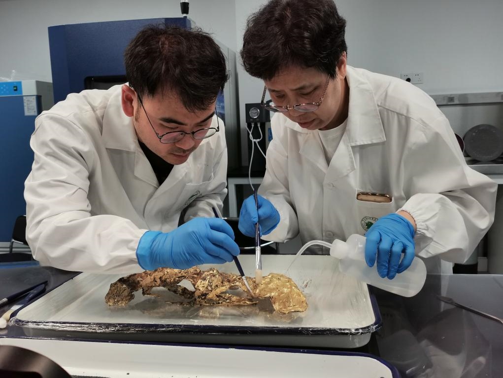 2023年7月，馬燕如（右）帶著魯海子（左）修復(fù)三星堆遺址出土的黃金面具。新華社發(fā)（四川省文物考古研究院供圖）