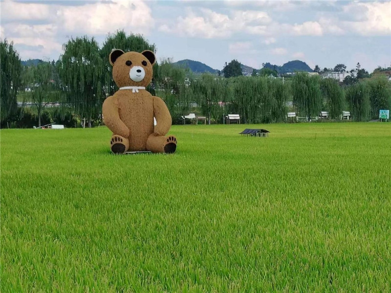 稻穗搖曳，垂柳依依，山嵐多姿，好一幅歲月靜好山鄉(xiāng)恬靜圖。這憨厚俏皮的熊玩偶造型，像是亂入其中，形成現(xiàn)代與傳統(tǒng)、好動(dòng)與寧?kù)o的反差感，讓人過(guò)目不忘，也讓人莞爾一笑。（哈薩克斯坦鳳凰24新聞社總編輯兼首席執(zhí)行官克馬爾·馬山羅攝）