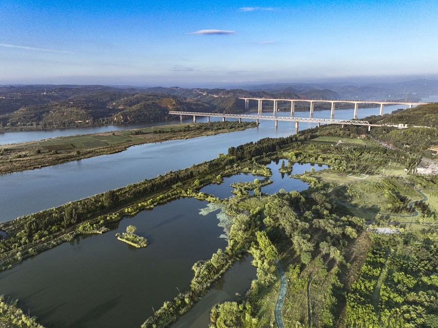 這是2023年8月28日在河南黃河濕地國家級自然保護區(qū)濟源段拍攝的景色（無人機照片）。新華社發(fā) 苗秋鬧 攝