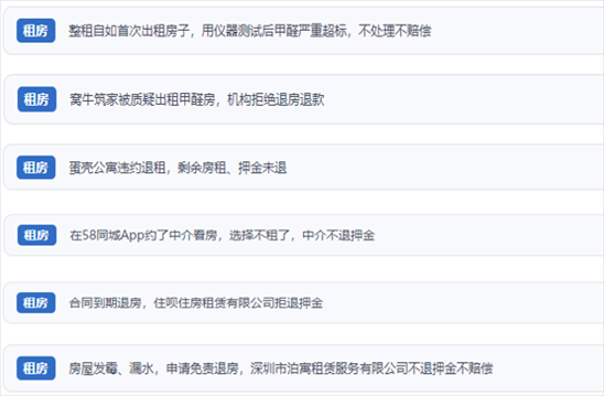 網(wǎng)友涉及租房消費中的相關(guān)投訴問題。（“人民投訴”用戶投訴截圖）