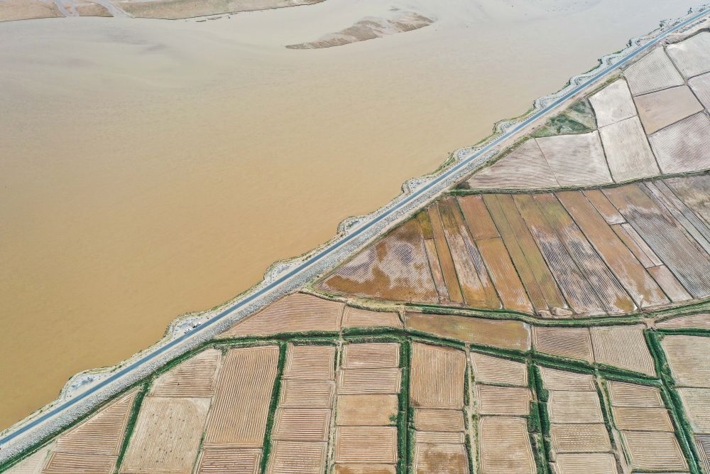 2024年5月26日在內(nèi)蒙古巴彥淖爾市臨河區(qū)拍攝的黃河（無人機照片）。巴彥淖爾市位于黃河“幾字彎”北端，擁有富饒的河套灌區(qū)，引黃灌溉面積達1000多萬畝。近年來，在引黃灌溉工程支撐下，河套灌區(qū)年均糧食總產(chǎn)量達60億斤以上。