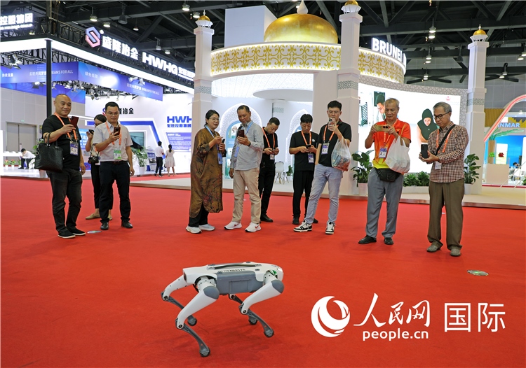 東博會(huì)上，觀眾正在參觀一只機(jī)器狗。綠色能源、新能源汽車(chē)、綠色農(nóng)產(chǎn)品等成為本屆東博會(huì)觀眾關(guān)注的焦點(diǎn)。人民網(wǎng)記者 趙益普攝