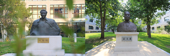 拼版照片：左圖為中央黨校（國家行政學(xué)院）校園內(nèi)的焦裕祿雕塑；右圖為中央黨校（國家行政學(xué)院）校園內(nèi)的谷文昌雕塑。