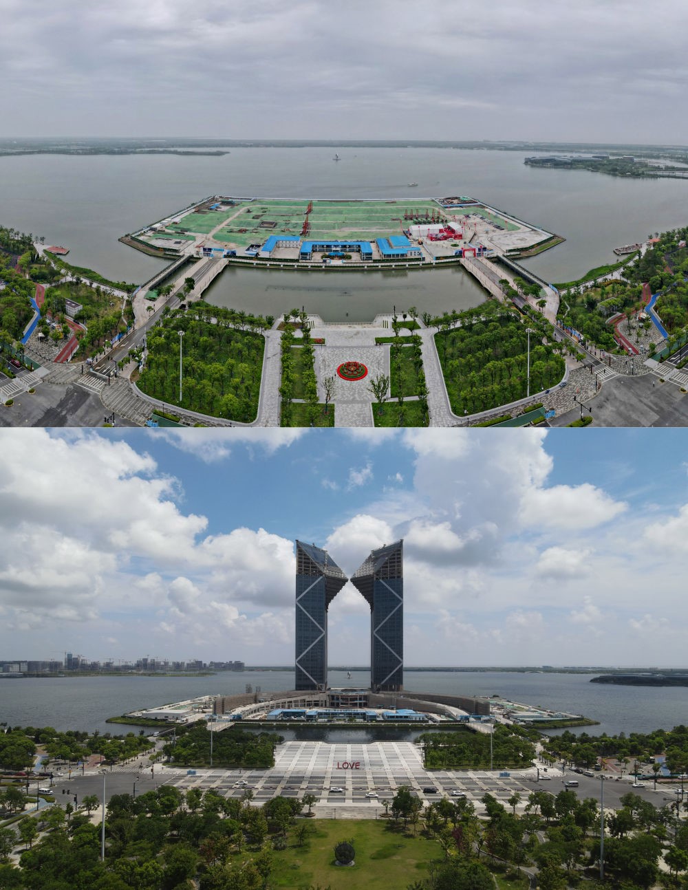 拼版照片：空中俯瞰中國（上海）自由貿(mào)易試驗區(qū)臨港新片區(qū)滴水湖西島中銀金融中心項目現(xiàn)場（上圖為2021年6月20日攝，無人機照片；下圖為2024年8月14日攝，無人機照片）。2019年8月20日，臨港新片區(qū)揭牌成立，一個開放新高地在長江與東海交匯處日益崛起。