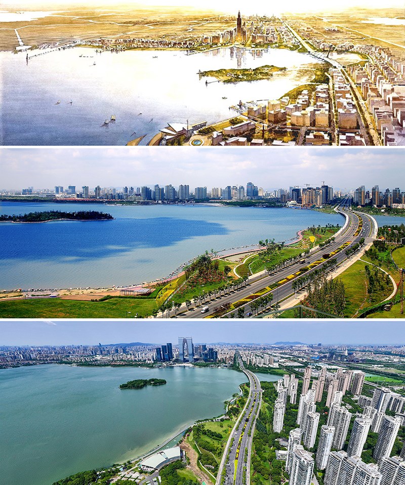 拼版照片：上圖為1994年繪制的蘇州工業(yè)園區(qū)手繪規(guī)劃圖；中圖為2007年拍攝的蘇州工業(yè)園區(qū)；下圖為2023年7月4日用無人機(jī)拍攝的蘇州工業(yè)園區(qū)。