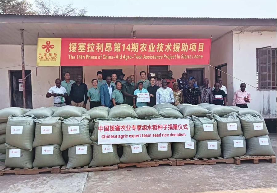 中國(guó)援塞拉利昂農(nóng)業(yè)專家組在塞南方省博城舉辦水稻種子捐贈(zèng)儀式。中國(guó)援塞農(nóng)業(yè)專家組供圖