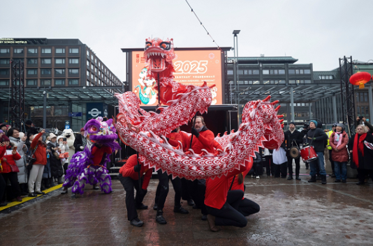 舞龍、舞獅表演。中國駐芬蘭大使館供圖