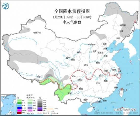 全國(guó)降水量預(yù)報(bào)圖(1月29日08時(shí)-30日08時(shí)) 圖片來(lái)源：中央氣象臺(tái)網(wǎng)站