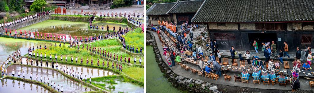 左圖：近期，人們?cè)诶杵娇h肇興侗寨的田園里演唱侗族大歌（黎平縣委宣傳部供圖）；右圖：這是2023年拍攝的十八洞村長(zhǎng)桌宴（湘西州委宣傳部供圖）。