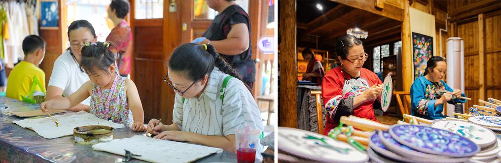 左圖：近期，游客在黎平縣肇興侗寨體驗(yàn)非遺蠟染藝術(shù)（黎平縣委宣傳部供圖）；右圖：這是2024年拍攝的繡娘在十八洞村梨子寨苗繡鄉(xiāng)村振興示范基地制作苗繡產(chǎn)品（湘西州委宣傳部供圖）。