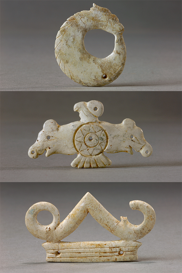 玉龍（上）、玉鷹（中）和玉冠飾（下）。國家文物局供圖