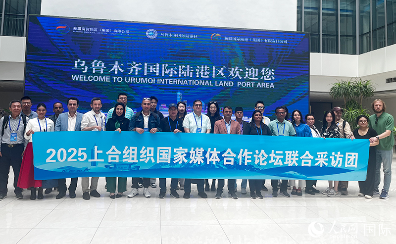 5月26日，外國(guó)媒體人在烏魯木齊國(guó)際陸港區(qū)合影留念。 人民網(wǎng)記者 翟轉(zhuǎn)麗攝