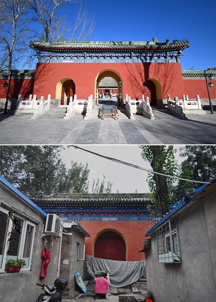 位于先農(nóng)壇內(nèi)的慶成宮，曾長時間被雜亂的民居占據(jù)。在北京中軸線申遺保護工作的帶動下，北京完成了慶成宮區(qū)域文物征收騰退、非文物建筑拆除、彩畫保護、本體修繕、展覽布陳等，讓560多年歷史的古建群重新回歸。2024年12月，北京中軸線上先農(nóng)壇內(nèi)的慶成宮首次面向社會公眾開放。上圖為騰退修繕后的慶成宮內(nèi)宮門（資料照片）；下圖為翻拍的慶成宮內(nèi)宮門騰退修繕前的資料照片（2024年12月21日攝）。